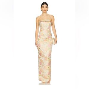 Katie May Strapless Floral Jacquard Column Dress in Pink and Cream